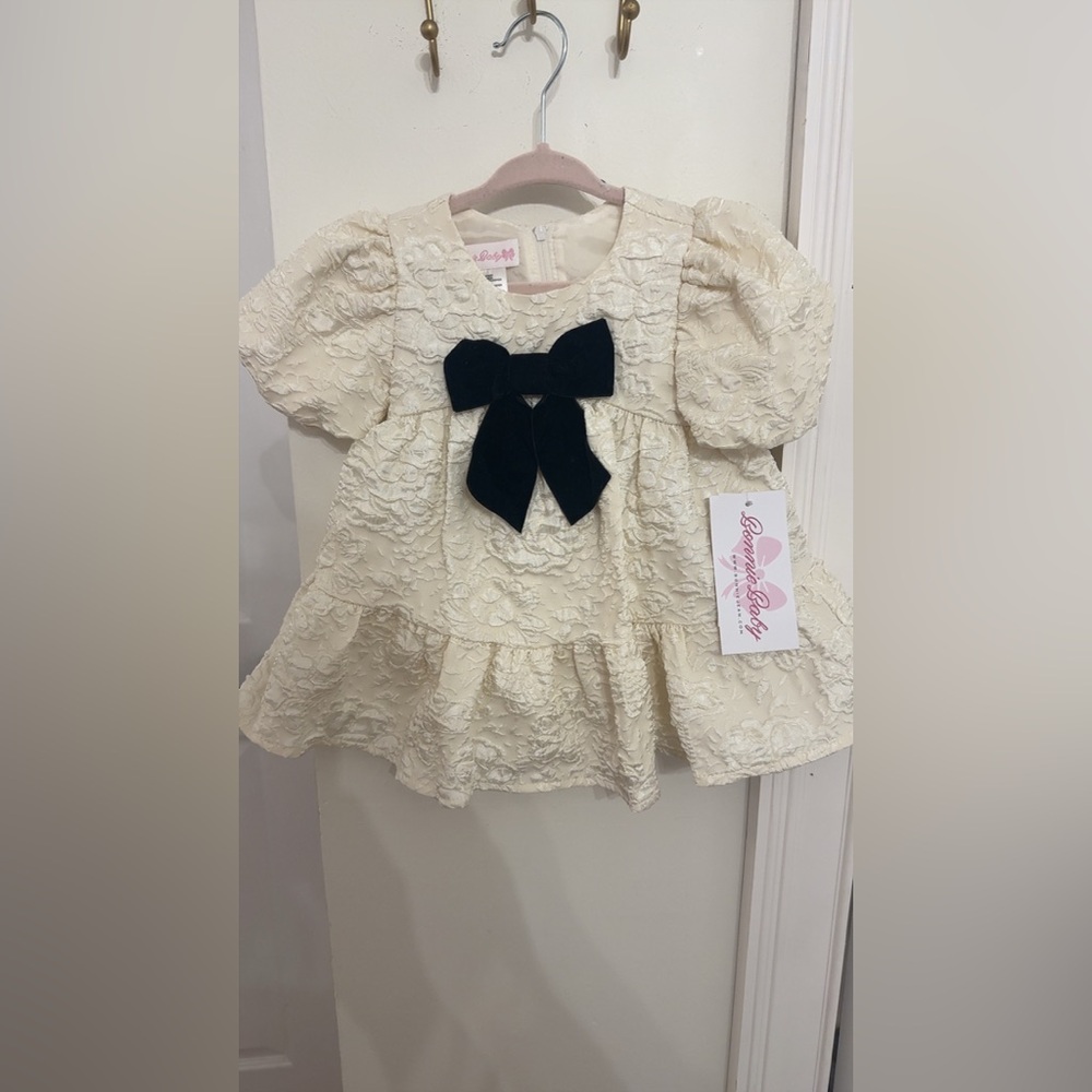 Bonnie Baby Ivory Textured Dress w/ Black Velvet Bow (6–9 Months)